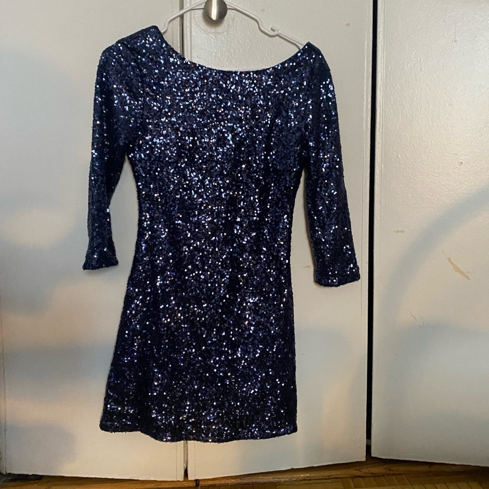 NYE backless blue sequin mini dress
